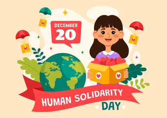 International Human Solidarity Day Vector Illustration on December 20 with Earth, Hands and Love for People Help Person in Flat Cartoon Background