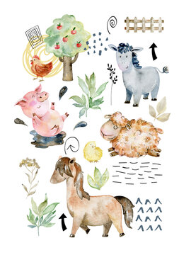 Watercolor poster with farm animals. Composition for greeting card and etc. Wall decor.
