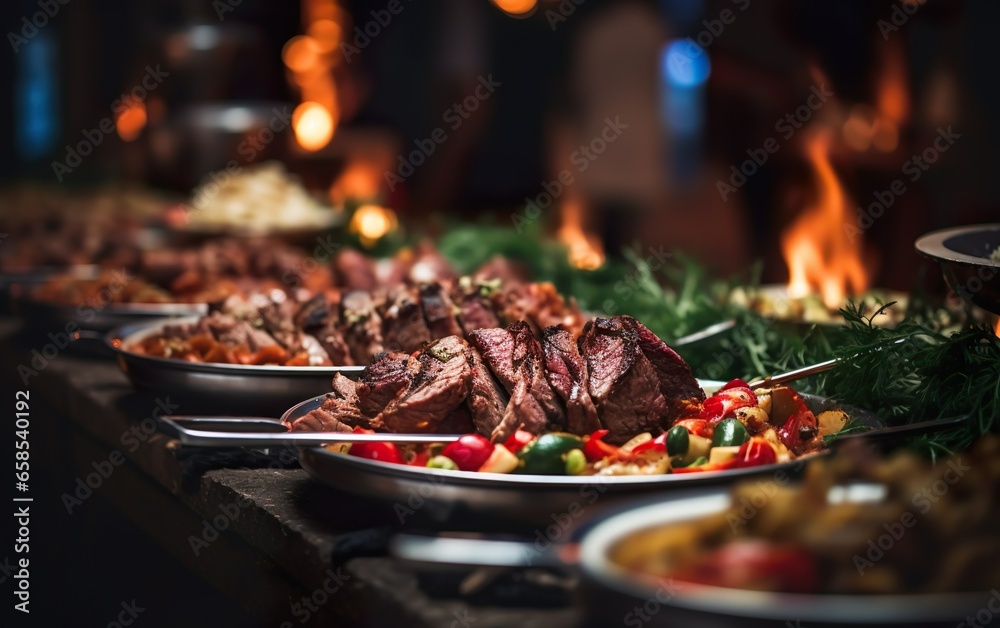 Wall mural Catering buffet food indoor in restaurant or hotel with grilled meat and vegetables. Variety of street food. Group of people having lunch, banquet, festive event, party, or wedding reception.