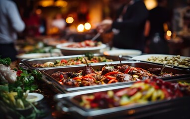 Group of people having a buffet lunch, banquet, festive event, party, or wedding reception. Catering food indoor in restaurant or hotel with grilled meat and vegetables. Variety of street food.