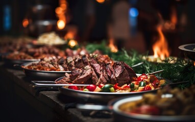 Catering buffet food indoor in restaurant or hotel with grilled meat and vegetables. Variety of street food. Group of people having lunch, banquet, festive event, party, or wedding reception. - obrazy, fototapety, plakaty