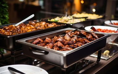 Catering buffet food indoor in restaurant or hotel with grilled meat and vegetables. Variety of street food. Group of people having lunch, banquet, festive event, party, or wedding reception. - Powered by Adobe