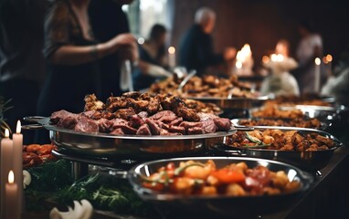 Group of people having a buffet lunch, banquet, festive event, party, or wedding reception. Catering food indoor in restaurant or hotel with grilled meat and vegetables. Variety of street food. - obrazy, fototapety, plakaty
