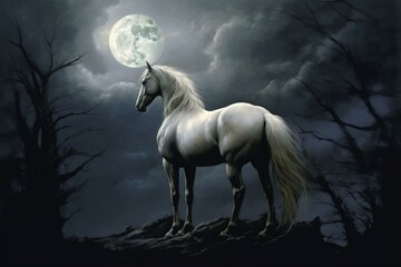 Obraz na płótnie Canvas A pale equine under the moonlit sky. Generative AI