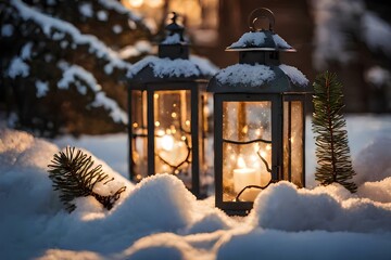two lit lanterns in the snow with pine trees in the background

