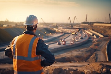 Portrait of a male engineer on the background of a construction site, roads.