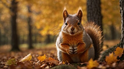 Naklejka na ściany i meble Captivating Wildlife: Squirrel and Autumn Foliage, Generative AI