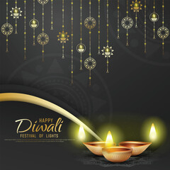 Happy Diwali - festival of lights colorful background with decorative diya lamp and rangoli.