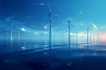 An abstract visualization of a futuristic offshore wind farm generating clean energy in a digital environment. Generative AI - obrazy, fototapety, plakaty