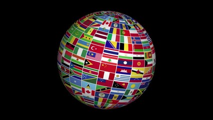 animated world country flags in sphere globe 360 degree rotating effect on black background - Powered by Adobe