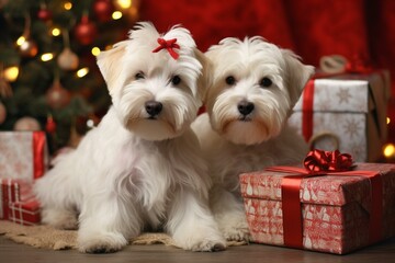 Two adorable bobtail dogs celebrating Christmas together. Generative AI