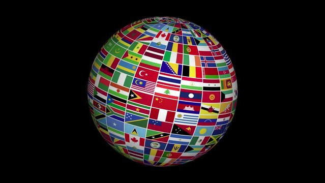 animated world country flags in sphere globe 360 degree rotating effect on black background