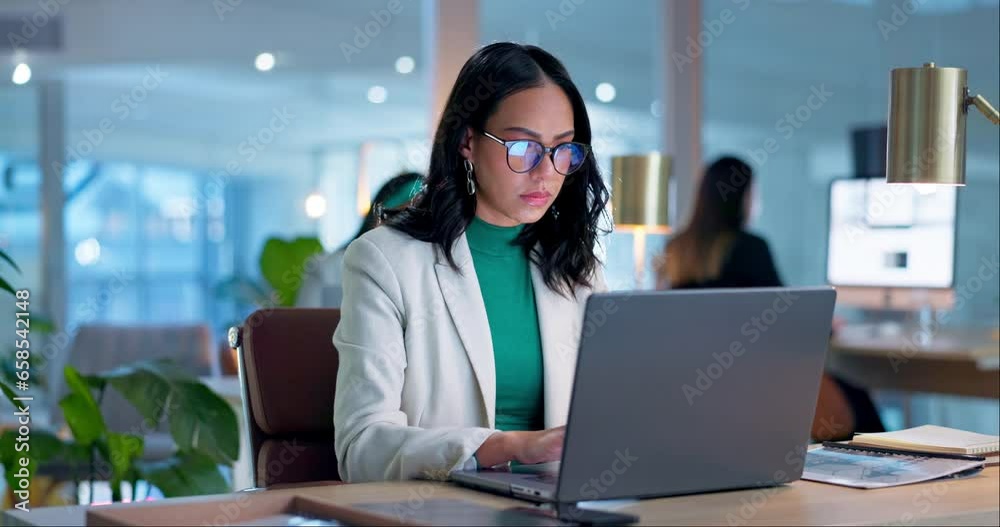 Poster Thinking, business and woman with a laptop, solution and problem solving with connection, ideas and planning. Person, worker and employee with a pc, project development and brainstorming with network
