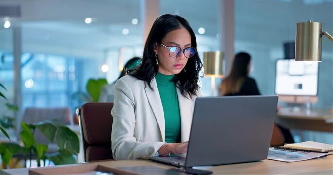 Thinking, business and woman with a laptop, solution and problem solving with connection, ideas and planning. Person, worker and employee with a pc, project development and brainstorming with network
