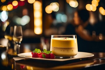 ﻿Macro is mainly interested in Zabaglione, and there is a nice restaurant in the background.. AI Generated - obrazy, fototapety, plakaty