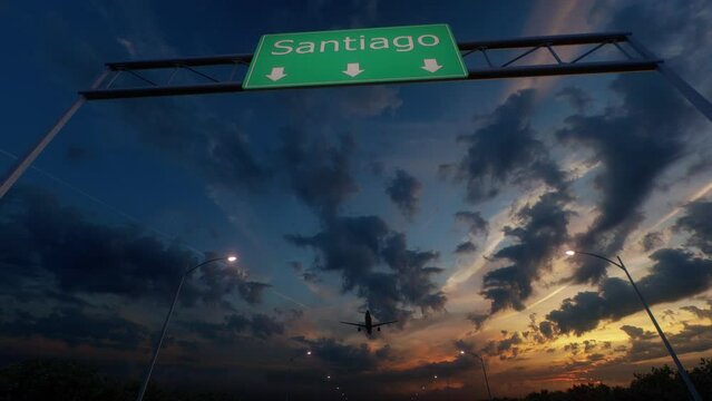 Santiago City Road Sign - Airplane Arriving To Santiago Airport Travelling To Chile