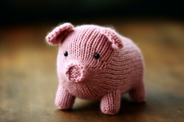 Dark-backgrounds knitted pig toy for children to play. Generative AI