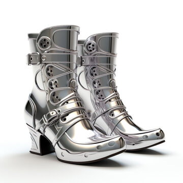 Fancy silver futuristic high heels boots footwear. Generated AI illustration image. Future fashion concept