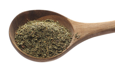 Dry chopped summer savory (Satureja hortensis) in wooden spoon isolated on white
