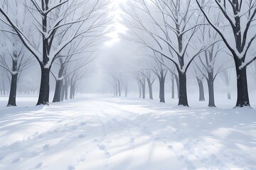 Fototapeta premium Snow covered trees in the park. Oil painting. Generative AI.