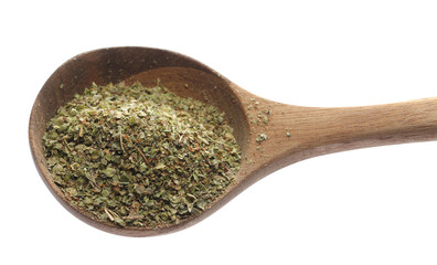 Dry chopped marjoram leaves in wooden spoon isolated on white, side view