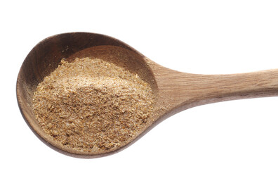 Colorful salt, mix spice, savory, red pepper, fenugreek, salt, roasted corn in wooden spoon, Bulgarian cuisine, isolated on white, top view
