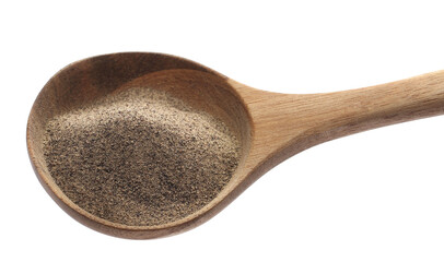 Ground black pepper powder pile, peppercorn in wooden spoon isolated on white, clipping  
