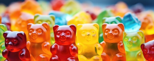 Sweet tasty gummy bears in a pile. Close up view. Generative AI.