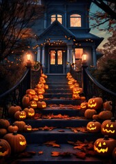 Spooky Halloween decoration on the family house. Generative AI.