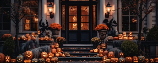 Spooky Halloween decoration on the family house. Generative AI. - obrazy, fototapety, plakaty