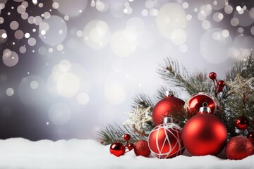 Fototapeta na wymiar Festive Ornaments Sparkling on Winter Wonderland, Christmas background with copy space.