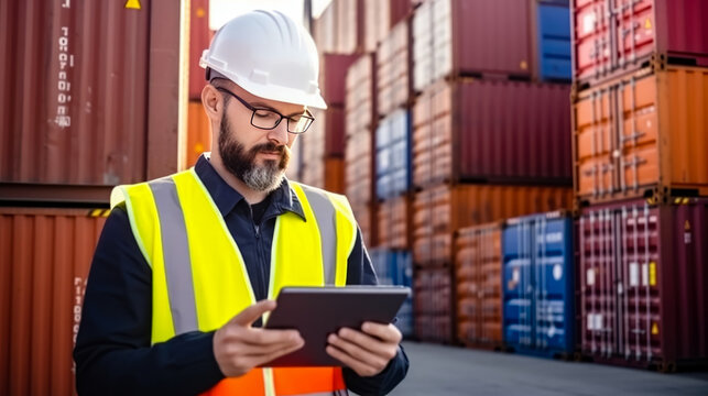 Business man industrial engineer using the digital tablet in a cargo container yard , Delivery logistics for import export - Powered by Adobe