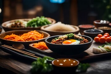 The camera is focusing on Bibimbap, and the background behind it looks blurry.. AI Generated