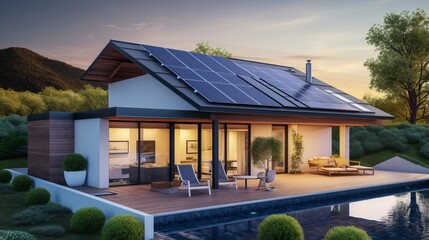 solar panel on roof, minimal house or home with self sufficient and sustainable design