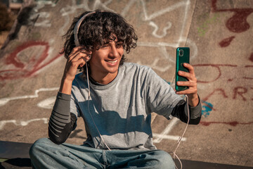 teenager man with headphones and skateboard sitting in skate park