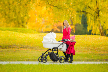 Little daughter and young adult mother walking on sidewalk at park. Spending time together in beautiful colorful autumn day. Enjoying stroll. Side view. - obrazy, fototapety, plakaty