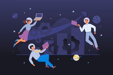 businessmen in outer space.office people dressed in casual style and astronaut helmets flying in space galaxy, cartoon characters with gadgets. vector cartoon space background. © alex_cardo