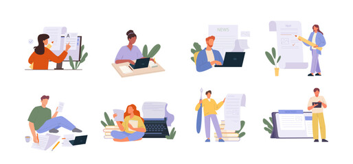 journalists copywriting. text typing concept, cartoon characters writing with laptop book or lists. vector cartoon characters set. © alex_cardo