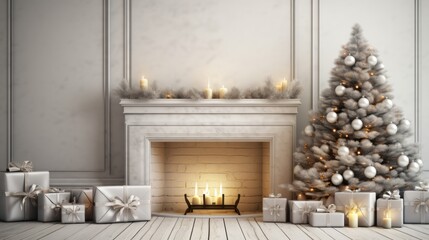 Fototapeta na wymiar Backdrop of a festive Christmas tree, fireplace adorned with beautifully wrapped Christmas gifts and glowing candles