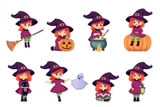 halloween witches. halloween characters with pumpkin, haunt horrible childish characters, cartoon funny autumn mystical fantasy girls set. vector cartoon graphics.