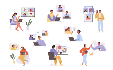 remote working. online conference people working together, cartoon characters landing freelance online meeting outsourcing distance job. vector cartoon concept collection.
