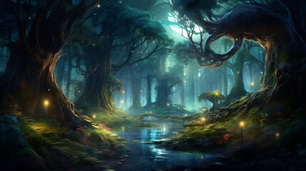 Fantasy forest with towering, ancient trees and fireflies dancing in the moonlight.