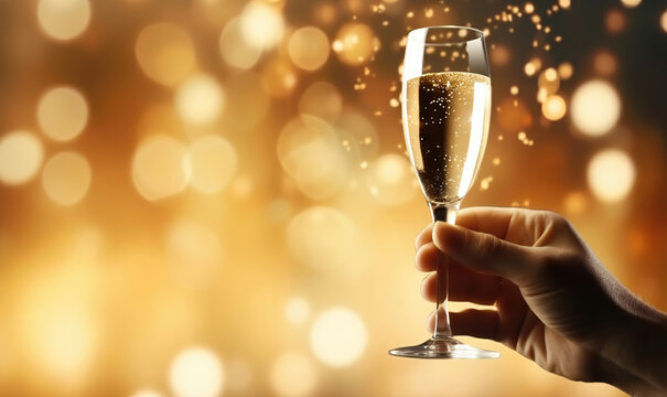 Man hand holding glass of champagne for celebration on sparkling light background, generated by AI