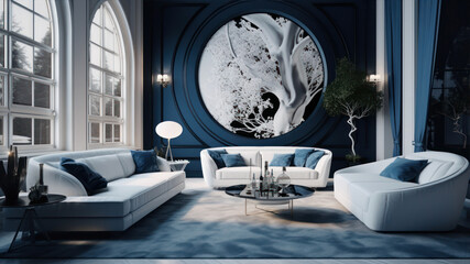 Modern luxury living room interior design with blue sofa