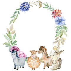 Baby shower card. Watercolor farm card with animals.