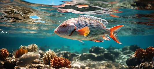 Different Species Of Coral Reef Fishes Swimming Underwater In A Clear Water. wide shot