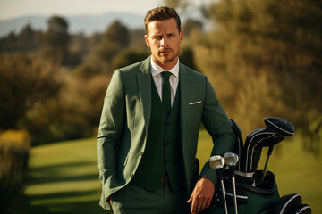 photo featuring a golfer in a tailored suit, standing on a lush green golf course with a sleek golf bag, blending golf and high fashion