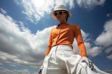 artistic photo featuring a golfer wearing avant-garde fashion on the course, adding an element of runway glamour to the sport
