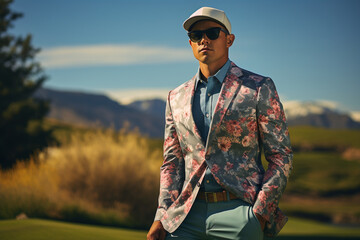 Portraits of golfers in stylish attire, exuding confidence and elegance both on and off the golf course - obrazy, fototapety, plakaty