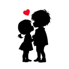 Cute couple, Cartoon silhouettes of a boy and a girl kissing, two kissing children on white background